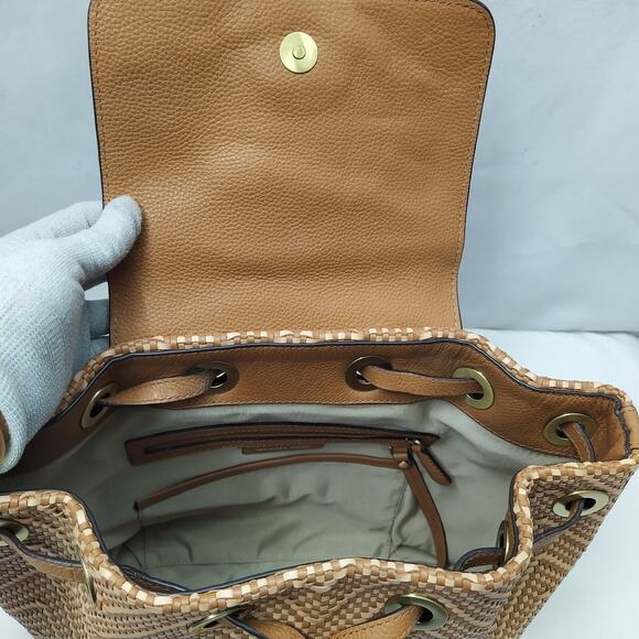 Michael Kors Junie Brown Chevron Woven Leather Drawstring Flap Closure Backpack - Picture 6 of 16